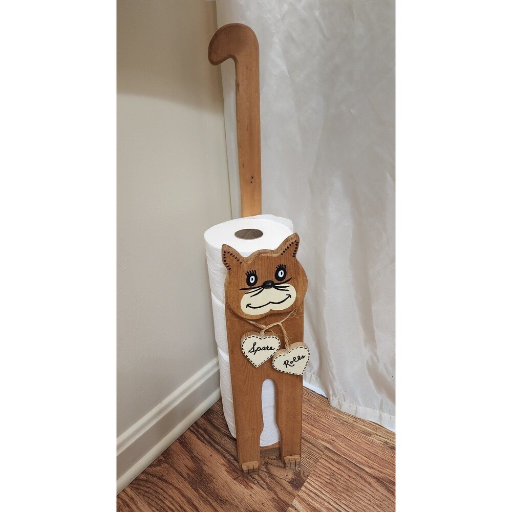 Rare Wooden Cat Toilet Paper Roll Holder "Spare Rolls"
